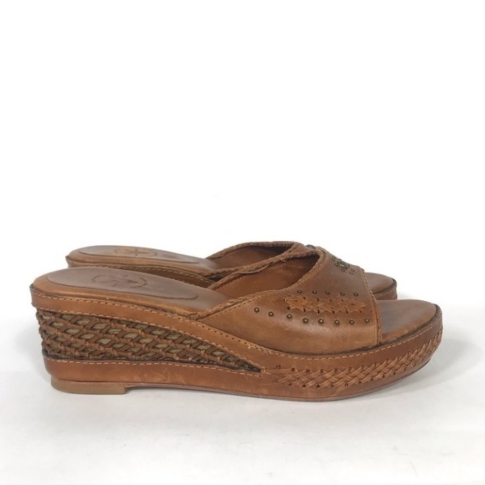 Frye Leather Open Toe Woven Wedge Sandal Slides Boho